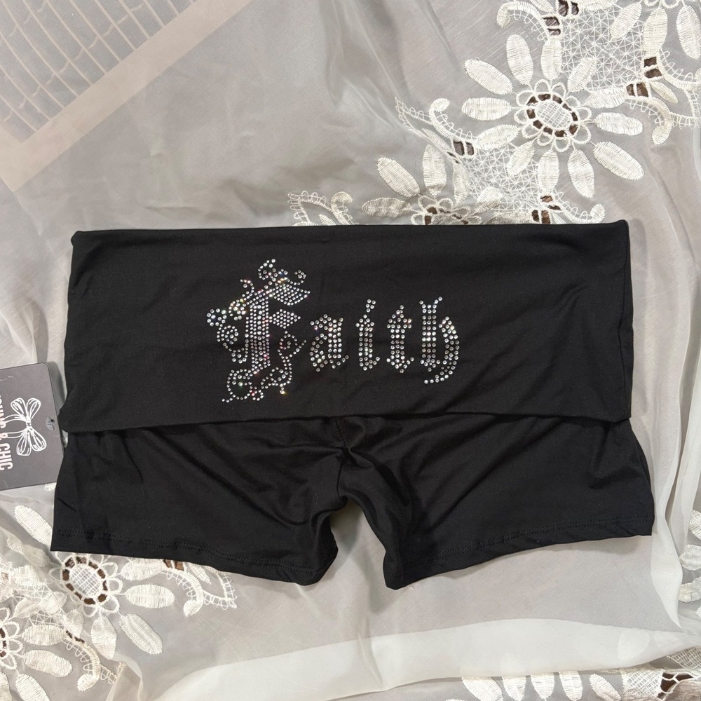 Y2K Style Grunge Goth Black Faith Rhinestone Fold Over Waistband Shorts XL NWT